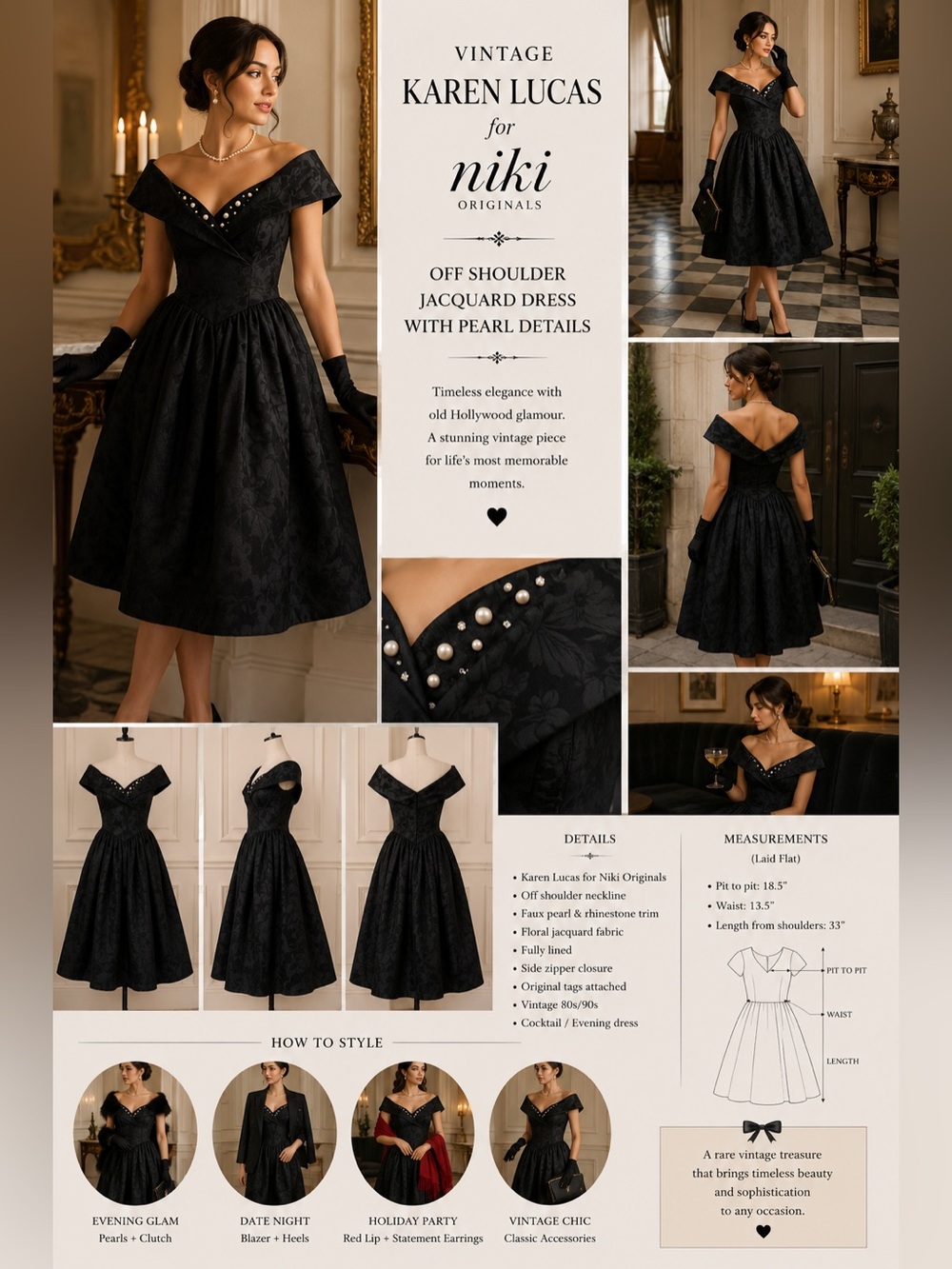 Vintage Karen Lucas Niki Black Off Shoulder Jacquard Dress NWT